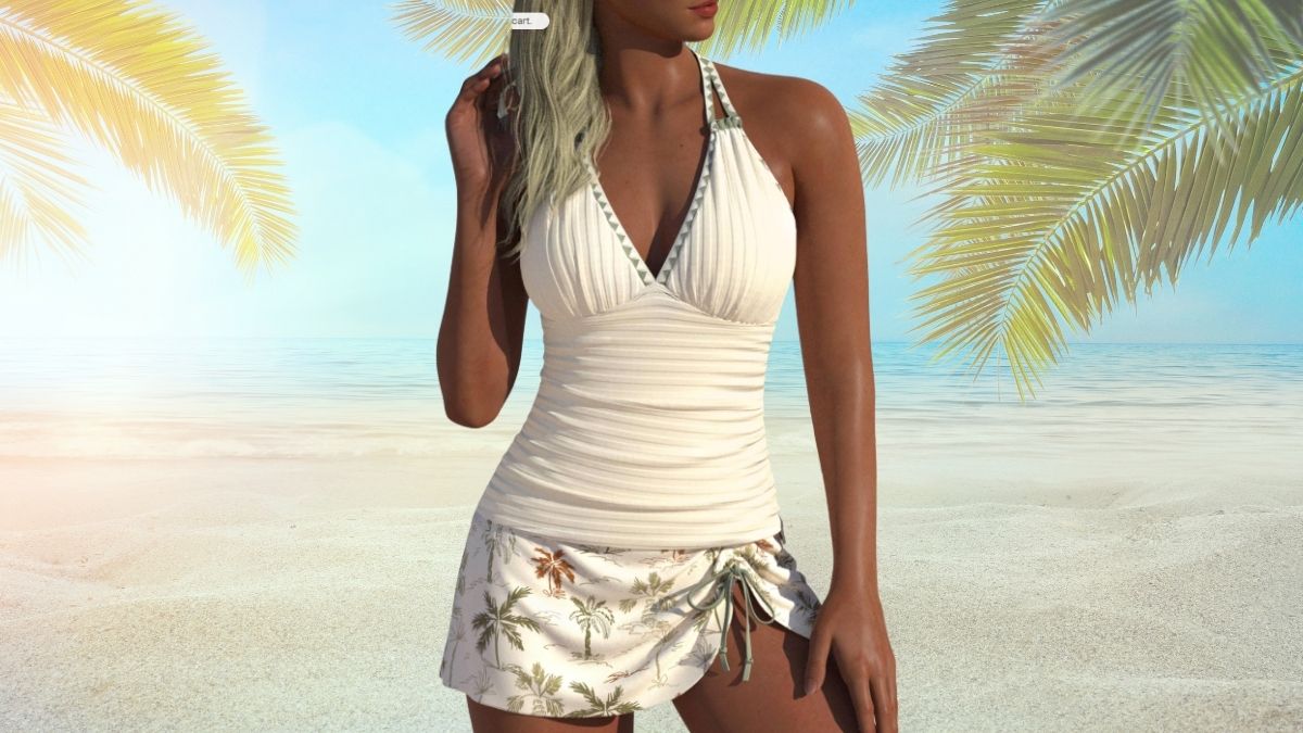 Mid Waisted Tropical Print Beige Tankini Set