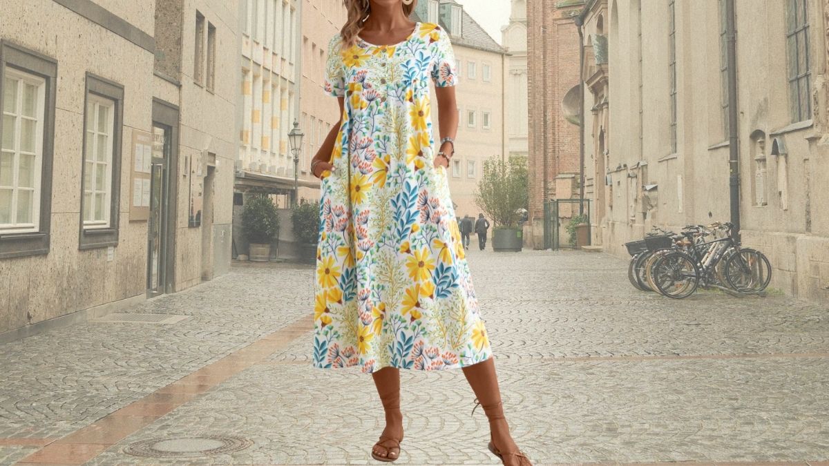 MODLILY DESIGN Yellow Pocket Floral Print A Line Short Sleeve Dress: A Summer Style Essential